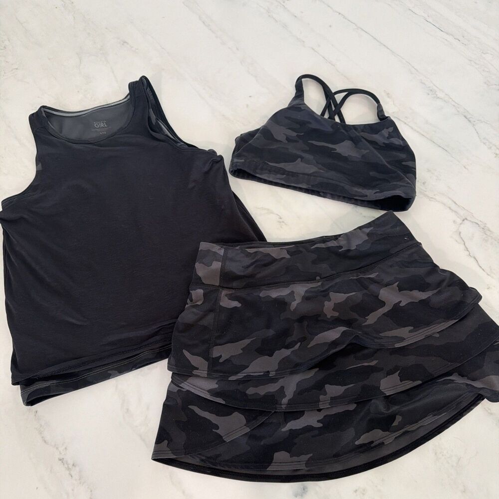 Athleta Girl 3 Piece Set Camo Lux Skort Tank Bra L(12) EUC